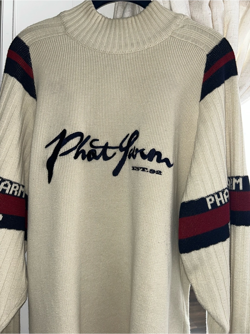 Phat Farm Cream Sweater with Black Script and Burgundy Accent Stripes
